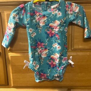 Ruffle Butts Girl’s Teal Floral and Ruffles Rash Guard Swimsuit Size 3-6 Months